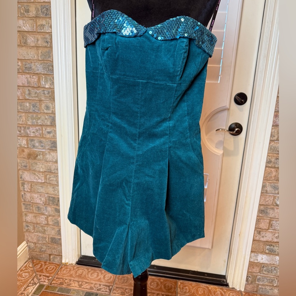 Rare Betsey Johnson Teal Velvetine Romper with Sequins Sz. 4